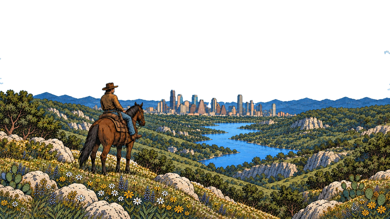 A cowboy on horseback looks out over the Hill Country to the Austin skyline and Lake Austin.